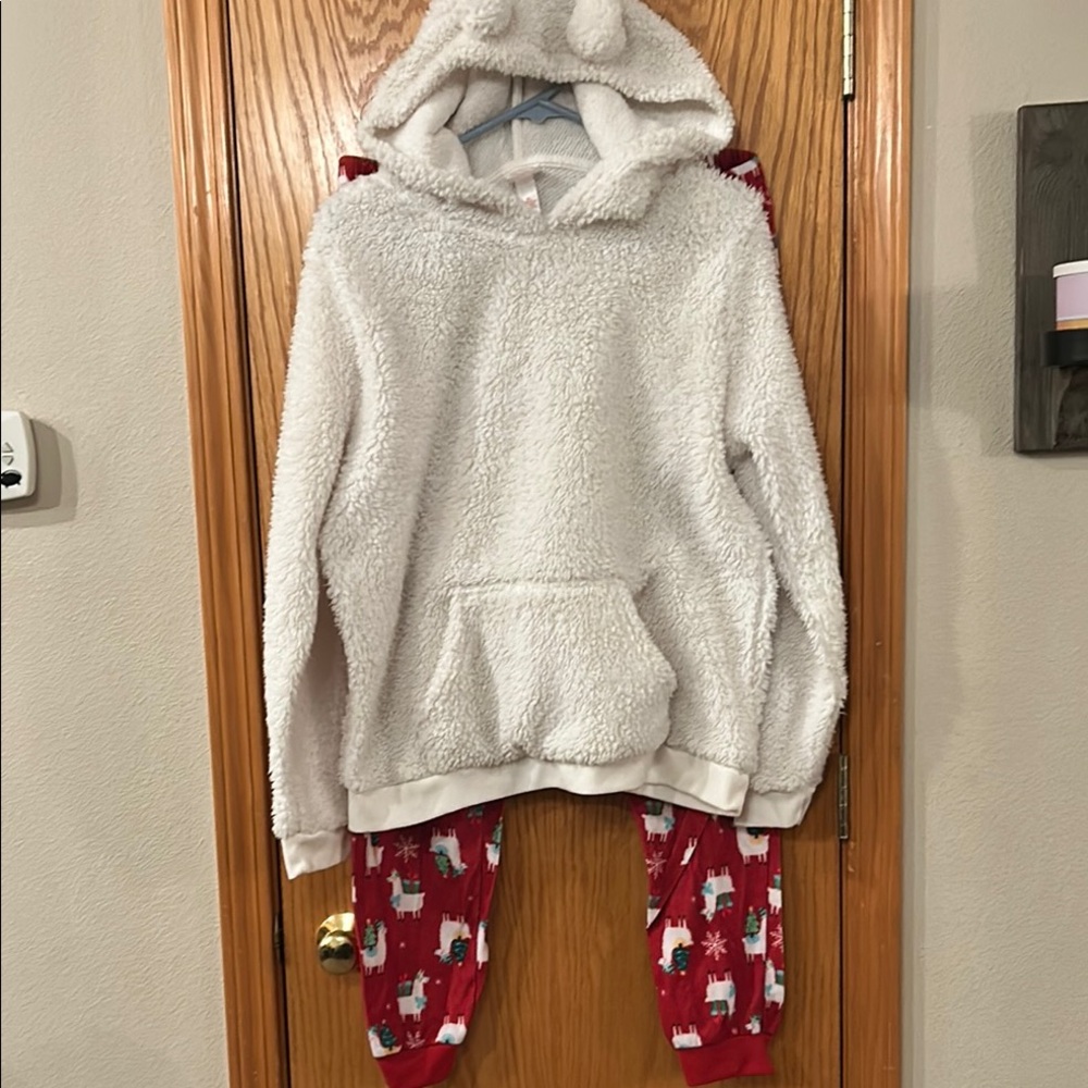 Llama Christmas White Fleece Sleepwear Pajamas Sz XL